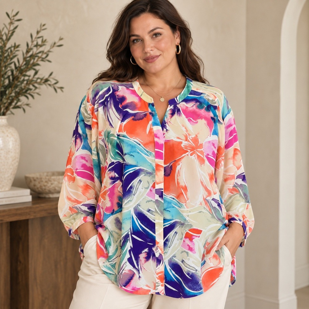 NYDJ Tunic Blouse 3X Floral Pleated Back Button Front Flowy Casual Career Office